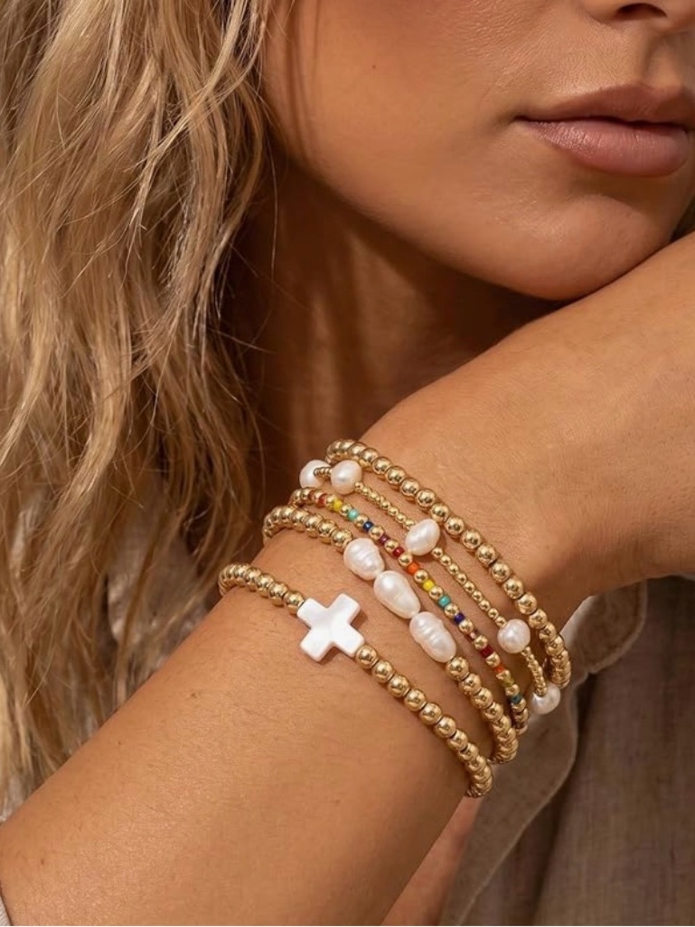 Gold Pearl Stackable Beaded Bracelet Set with White Cross Accent